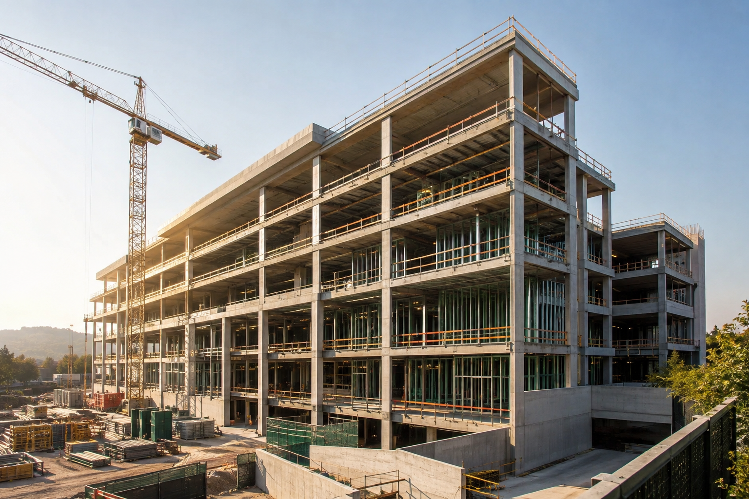 Commercial building under construction with cranes and structural framework